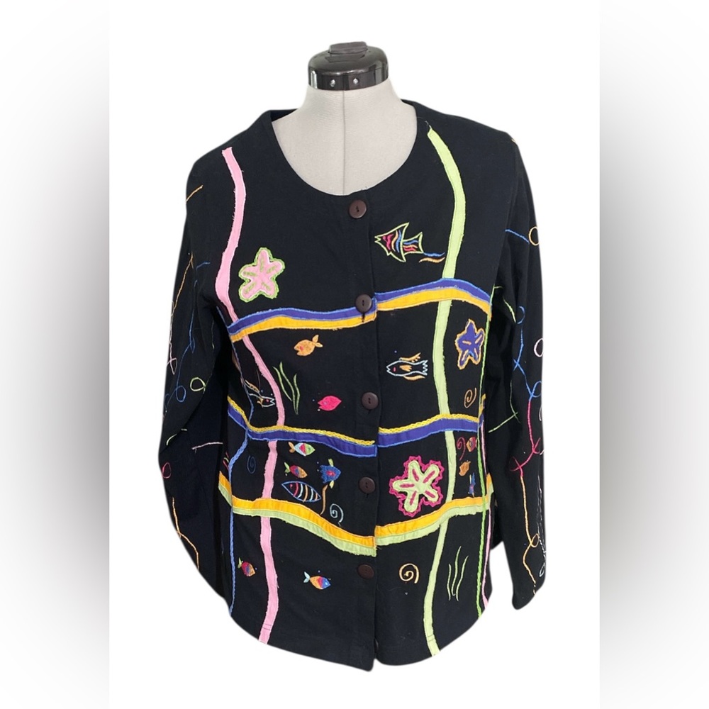 Vintage Beaded & Embroidered Folk Art Sweater with Sea Design- 100% Cotton